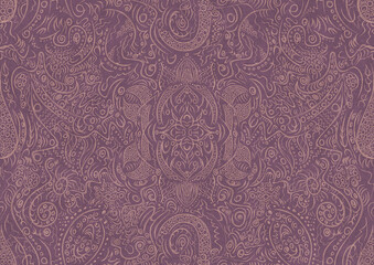 Hand-drawn abstract seamless ornament. Pale pink on a purple background. Paper texture. Digital artwork, A4. (pattern: p01a)