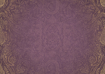 Hand-drawn abstract ornament. Light semi transparent pink on a purple back, with vignette of same pattern and sparks in golden glitter on a darker color. Paper texture. A4. (pattern: p01a)