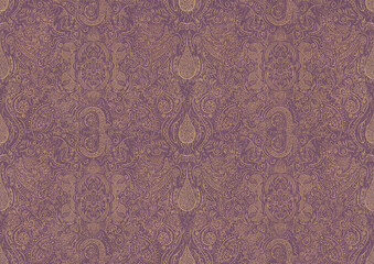 Hand-drawn unique abstract symmetrical seamless gold ornament on a purple background. Paper texture. Digital artwork, A4. (pattern: p01b)
