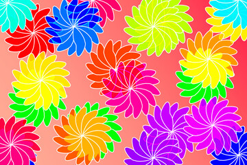 Fototapeta na wymiar bright floral hawaiian multicolored flower pinwheel holiday red pattern fun fashion swirl fabric design backdrop rainbow background illustration style textile