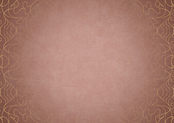 Pale pink textured paper with vignette of golden hand-drawn pattern on a darker background color. Copy space. Digital artwork, A4. (pattern: p02-1b)