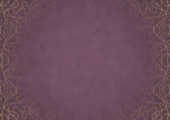 Purple textured paper with vignette of golden hand-drawn pattern and golden glittery splatter on a darker background color. Copy space. Digital artwork, A4. (pattern: p02-1b)