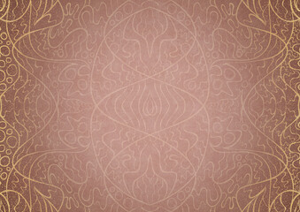 Hand-drawn abstract ornament. Light semi transparent pale pink on a pale pink back, with vignette of same pattern and sparks in golden glitter on a darker color. Paper texture. A4. (pattern: p02-2a)