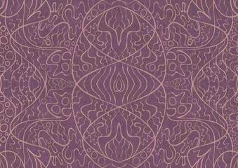Hand-drawn abstract seamless ornament. Pale pink on a purple background. Paper texture. Digital artwork, A4. (pattern: p02-2a)