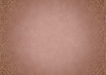 Pale pink textured paper with vignette of golden hand-drawn pattern on a darker background color. Copy space. Digital artwork, A4. (pattern: p02-2b)