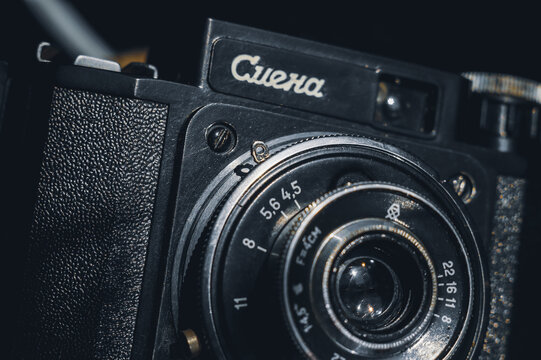 Berdsk, Russia - 3 jan 2022: Soviet old film camera Smena with manual lens. Retro photo equipment. Selective focus