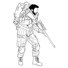 Soldier sniper hunter with rifle line illustration