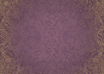 Hand-drawn abstract ornament. Light semi transparent pink on a purple back, with vignette of same pattern and sparks in golden glitter on a darker color. Paper texture. A4. (pattern: p04a)
