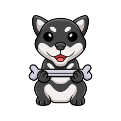 Cute black shiba inu dog cartoon holding a bone