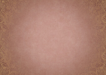 Pale pink textured paper with vignette of golden hand-drawn pattern on a darker background color. Copy space. Digital artwork, A4. (pattern: p04b)