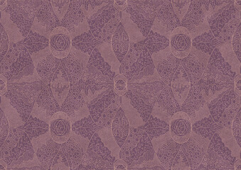 Hand-drawn abstract seamless ornament. Pale pink on a purple background. Paper texture. Digital artwork, A4. (pattern: p05b)
