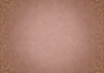 Pale pink textured paper with vignette of golden hand-drawn pattern on a darker background color. Copy space. Digital artwork, A4. (pattern: p06b)