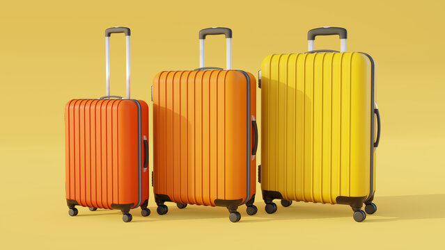 3d rendering of 3 suitcases in shades of orange and yellow with yellow background, shades of orange