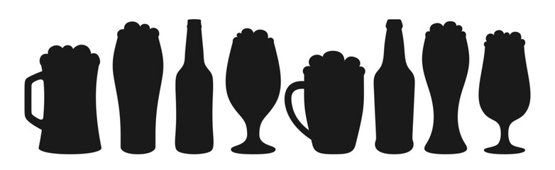 Beer bottle or glass, mugs silhouette shape set. Different types beer dark, wheat, ale, cider, lager. Brewery bar, alcohol festival. Design for Oktoberfest poster, pub menu, retro invitation party