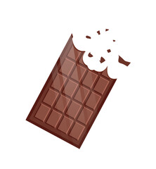 Bitten chocolate bar. Sweets, confectionery factory menu. Dessert, delicacy and sugar. Harmful and junk but tasty food for coffee or tea. Sticker for social networks. Cartoon flat vector illustration