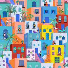 Seamless pattern in pop art style. People in casual clothes on the balconies and in the windows.