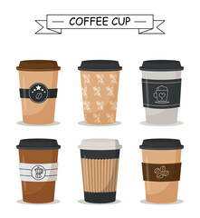 Coffee cup set. Collection of mugs with hot drinks, tea. Breakfast or lunch break. Dishes and menu in cafe. Espresso and cappuccino. Cartoon flat vector illustrations isolated on white background