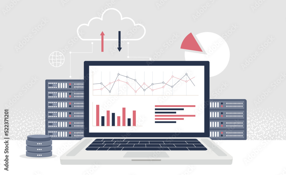 Poster data extraction concept. computer monitor with graphs and charts. working with statistics and market
