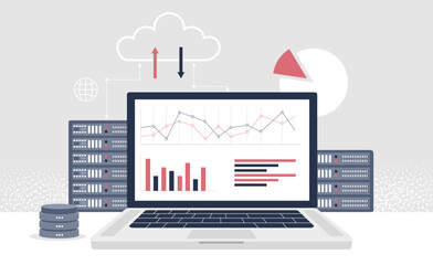 Data extraction concept. Computer monitor with graphs and charts. Working with statistics and marketing research. Cloud computing devices, electronic archive. Cartoon flat vector illustration