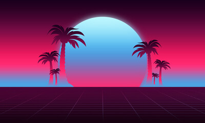Synthwave and retrowave flyer background, vaporwave 80's landscape, futuristic design, wave music, 80s styled neon landscape