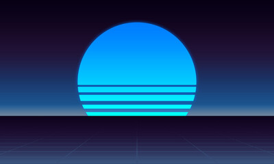Synthwave and retrowave flyer background, vaporwave 80's landscape, futuristic design, wave music, 80s styled neon landscape