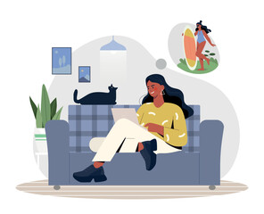 Woman with laptop dreaming about vacation. Freelancer or remote employee with cat. Emotional burnout and fatigue. Owner and pet at house, distance education. Cartoon flat vector illustration