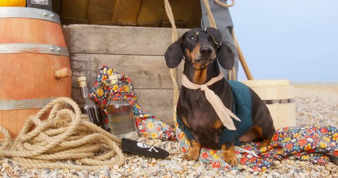 Cute dachshund dog with eye patch and handkerchief tied around neck is sitting on beach next to belongings, when coin bag with embroidered jolly Roger pattern arrives at its feet