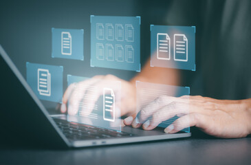 Businessman manages corporate document databases through the cloud, cyberspace technology concepts and manages large archives and paperless online storage.