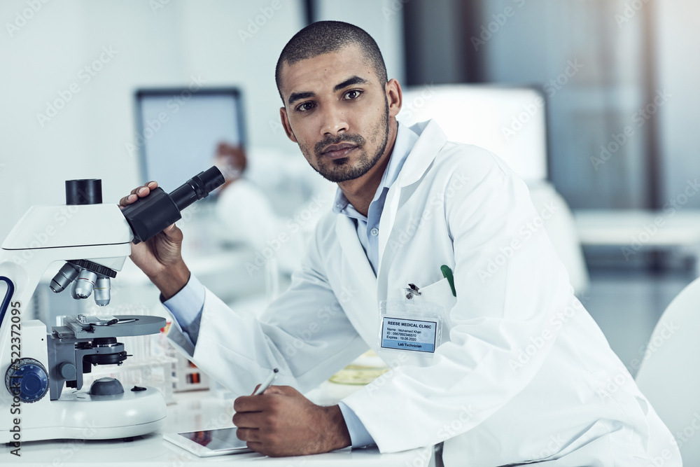 Poster vision, discovery and thinking scientist leading with innovation and modern science in lab. portrait