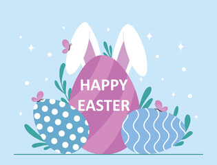 Happy easter concept. International and traditional holidays, poster or banner for website. spring, eggs and rabbits, religion. Design for greeting or invitation card. Cartoon flat vector illustration