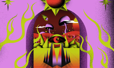 Spiritual, Surreal & Psychedelic Poster art, Synthwave and retrowave background, Grainy landscape, futuristic design, wave music, 80s styled Surreal landscape