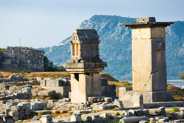 Ruins of ancient Lycian city of Xanthos with remained impressive monumental tombs, Kinik, Antalya...