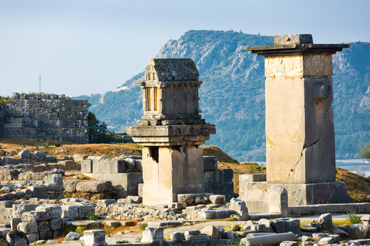 Ruins of ancient Lycian city of Xanthos with remained impressive monumental tombs, Kinik, Antalya Province, Turkey