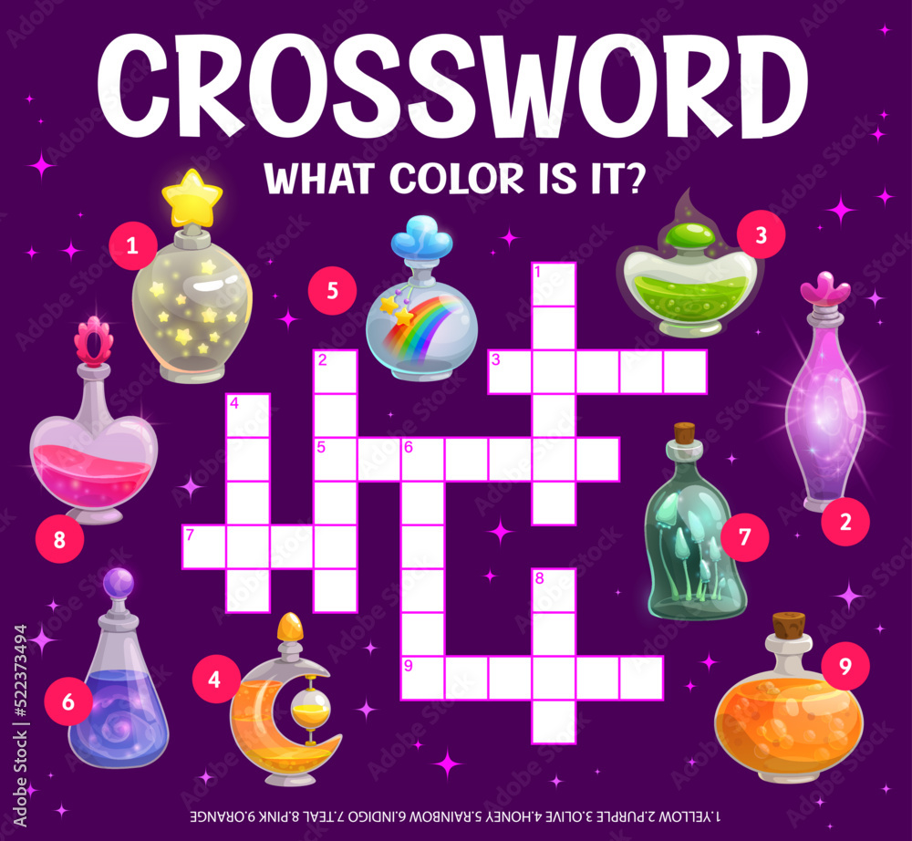 Poster find a color of magic potion bottles. crossword grid worksheet. find a word quiz game. cartoon vecto