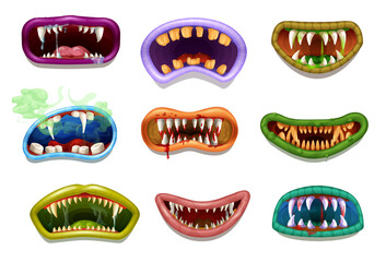 Scary and creepy drool monster grin jaws and mouths. Vector smiles, teeth and tongues. Cartoon horror faces of Halloween demon, devil, alien beast or vampire with bloody lips, bad smell, slime - obrazy, fototapety, plakaty