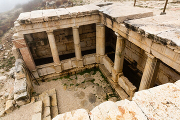 Partially restored Hellenistic fountain house in Doric style at archaeological site of Sagalassos,...