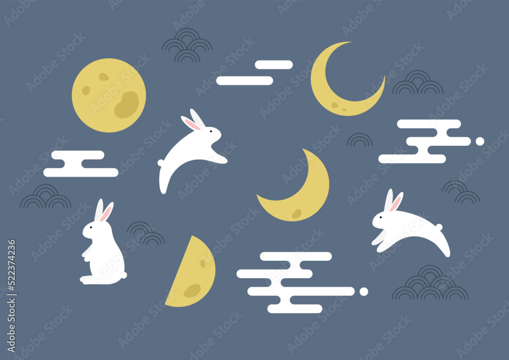 Wall mural Vector illustration of moon and rabbits.