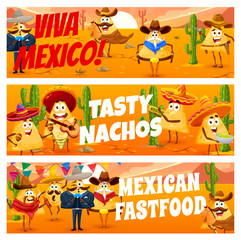 Fototapeta premium Mexican nachos chips as cowboy, bandit and sheriff characters, vector banners. Mexican funny fast food snacks nachos chips charros in sombrero and poncho with guitars, maracas and guacamole salsa