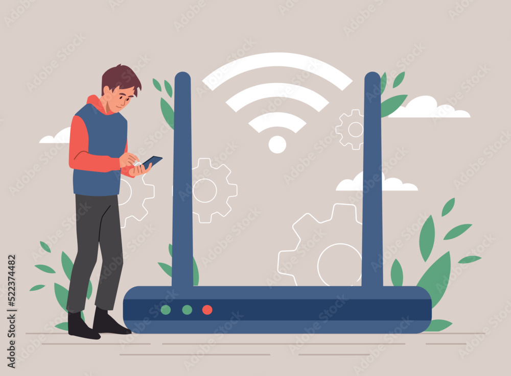Poster wireless network concept. man next to source of internet. modern technologies, gadgets and devices. 