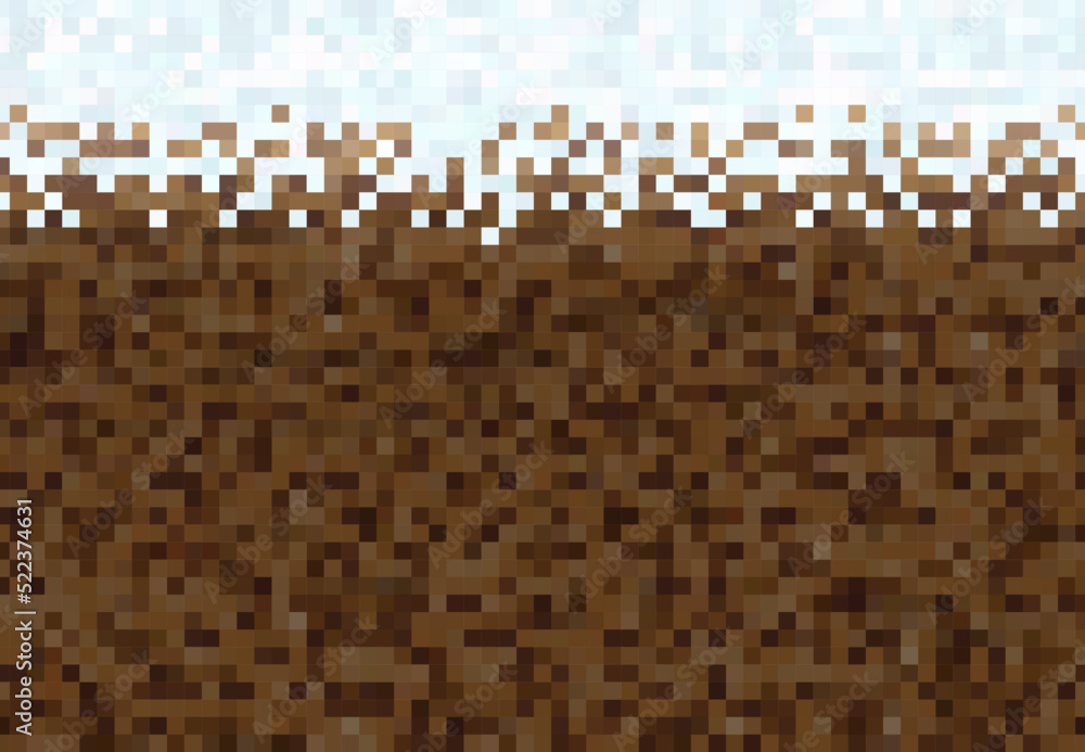 Poster cubic 8bit pixel art game. ice, snow and ground block background pattern. frozen ground texture, 8 b