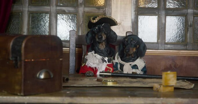 Two funny dachshund dogs wearing privateers suits with tricorn hat and eye patch, they get out from under the table, on which there is chest and saber in scabbard. Pets bark and hide back