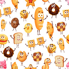 Bread, pastry and confectionery cartoon funny characters seamless pattern. Vector background with donut, chocolate, shortbread and crumbly cookies, burger, toast, cracker, croissant bakery personages