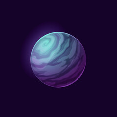 Mysterious dark space planet, vector globe with glowing halo and spiral foggy atmosphere. Isolated galaxy sphere in universe. Ui game fantasy comet, meteor, isolated astronomy science object in space