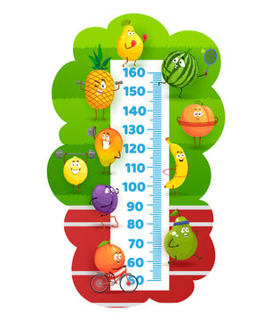 Happy fruits on stadium field, kids height chart. Vector wall growth meter, sticker for height measure scale, cartoon pear, pineapple, watermelon and plum, peach, mango, lemon and orange characters