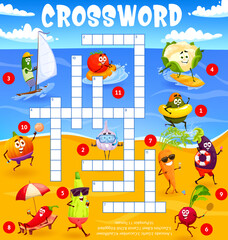 Cartoon vegetables on summer beach, crossword puzzle game grid vector quiz worksheet. Cross word with vegetables on vacations, carrot, pumpkin and avocado on surfboard, garlic and cucumber on beach