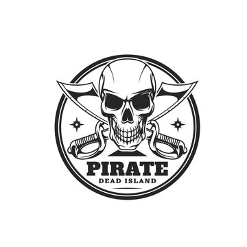 Pirate captain skull icon. Corsair, filibuster and buccaneer monochrome emblem or vector round icon with creepy human skull clenching teeth, crossed cutlass pirate swords