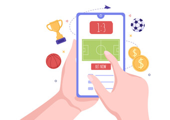 Online Betting Sports Game with Gold Coins and Live Bet Application Service Sport Broadcast in Hand Drawn Cartoon Flat Illustration