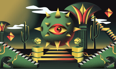 Spiritual, Surreal & Psychedelic Poster art, Synthwave and retrowave background, Grainy landscape, futuristic design, wave music, 80s styled Surreal landscape