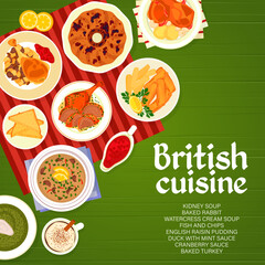 British cuisine menu cover template. Cranberry sauce, duck with mint sauce and baked rabbit, baked turkey, English pudding and watercress cream soup, fish with chips, Irish coffee and kidney soup