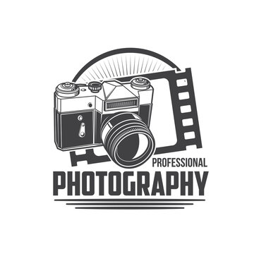 Photography school icon, photo camera and film vector emblem for photographer studio. Photograph professional school and education of photo capture, retro camera with flash